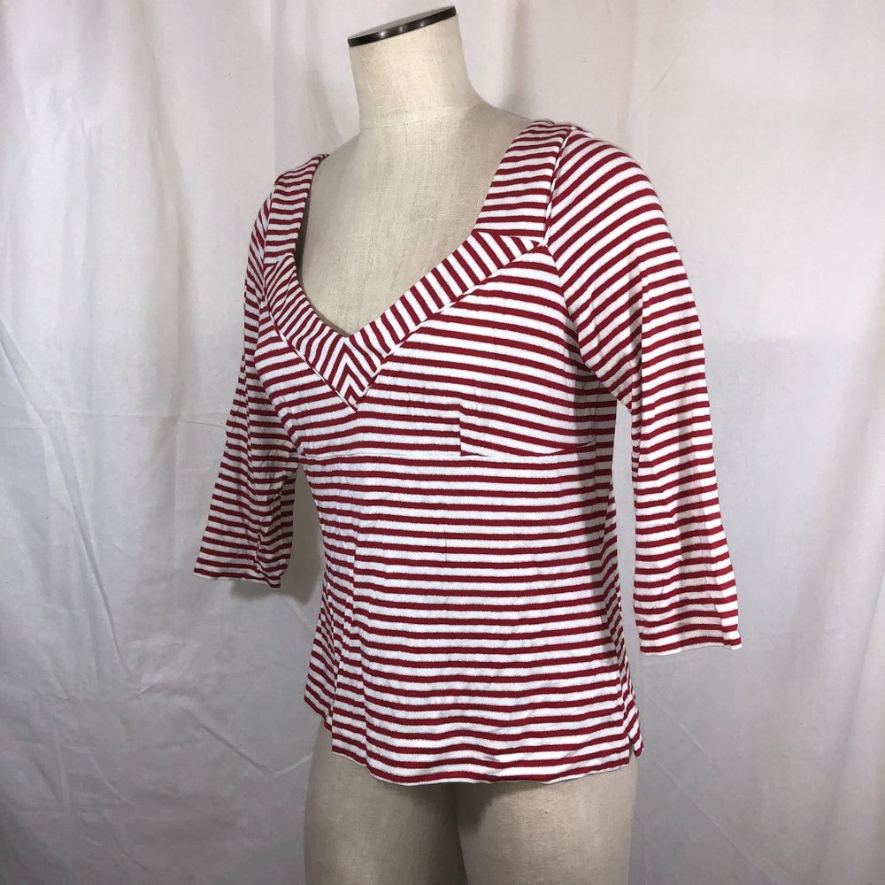 Boston Proper Red White Metallic Silver Striped Top 3/4 Sleeves V-Neck Size L